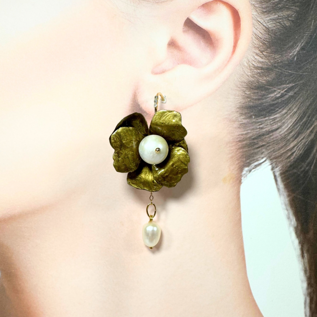 Anemone Collection earrings handcrafted from upcycled plastic, inspired by Japanese vintage gold anemones. Lightweight, nature-inspired statement jewelry for eco-conscious fashion lovers.