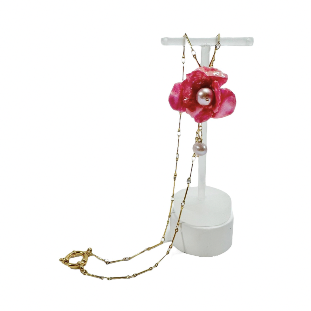 Handcrafted Anemone necklace made from upcycled plastic, inspired by Japanese anemones in Antique petal pink rose. Lightweight, eco-friendly statement jewelry for sustainable fashion lovers.
