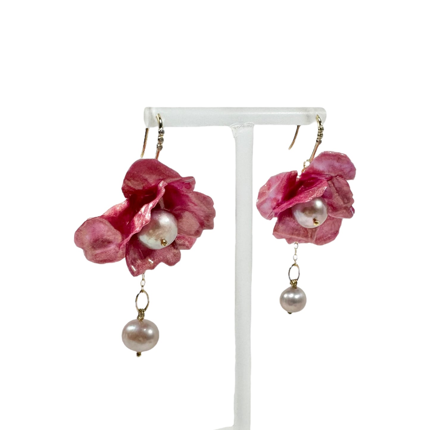 Anemone Collection earrings handcrafted from upcycled plastic, inspired by Japanese petal antique pink rose anemones. Lightweight, nature-inspired statement jewelry for eco-conscious fashion lovers.