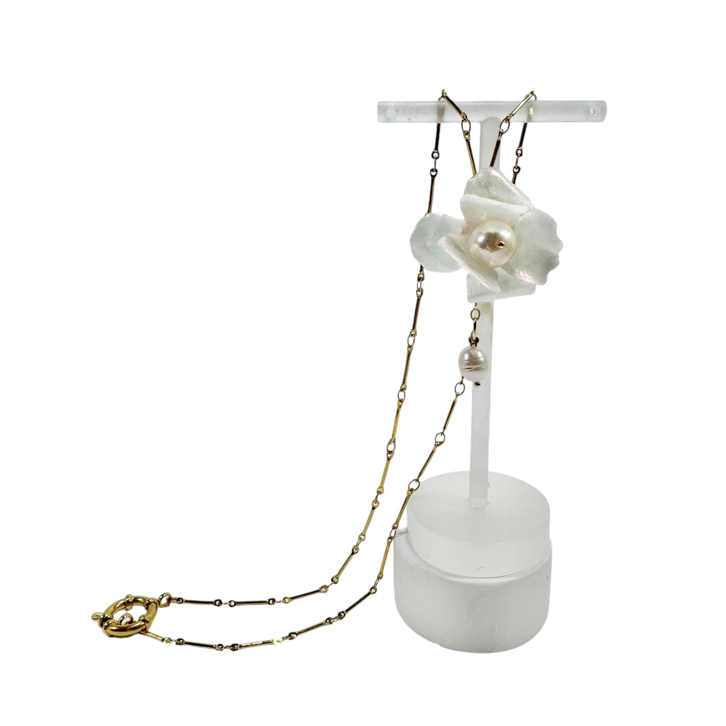 Handcrafted Anemone necklace made from upcycled plastic, inspired by Japanese anemones in white ivory pearl. Lightweight, eco-friendly statement jewelry for sustainable fashion lovers.
