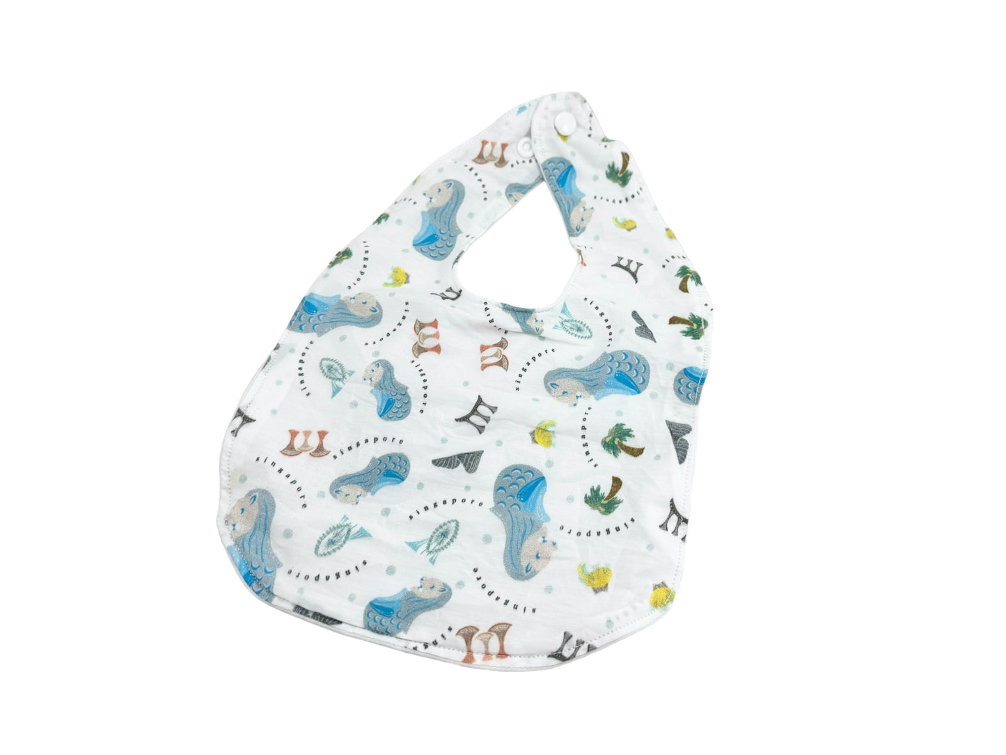 Singapore Pop Merlion baby bib by Melmomilk Design – colorful, soft cotton bib featuring a playful Merlion illustration, perfect for gifting or daily use. シンガポール・ポップ・マーライオンよだれかけ / スタイ– カラフルで柔らかいコットン素材、かわいいマーライオンのイラスト入り。ギフトやお土産、普段使いにぴったり。