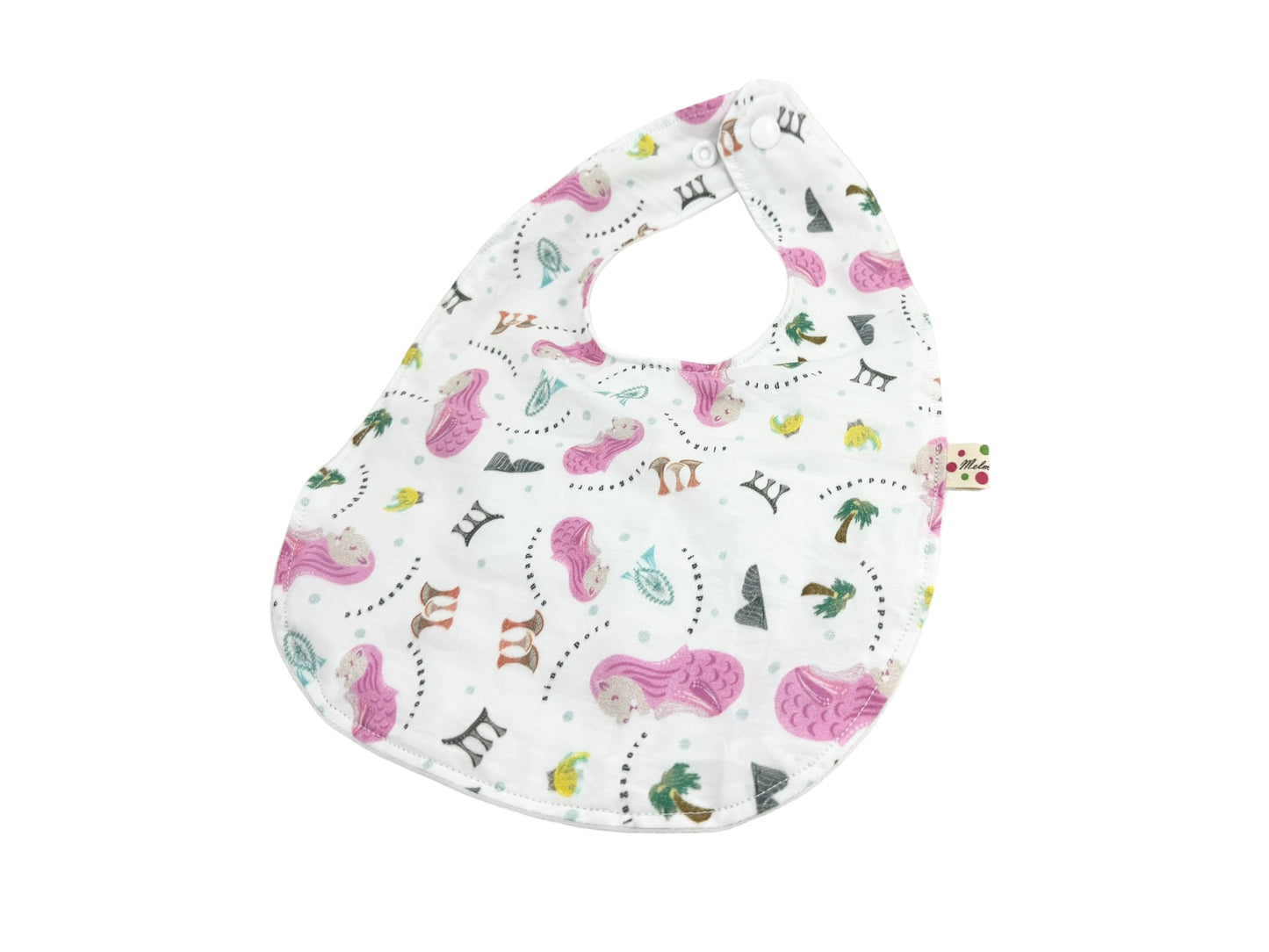 Singapore Pop Merlion baby bib by Melmomilk Design – colorful, soft cotton bib featuring a playful Merlion illustration, perfect for gifting or daily use. シンガポール・ポップ・マーライオンよだれかけ / スタイ– カラフルで柔らかいコットン素材、かわいいマーライオンのイラスト入り。ギフトやお土産、普段使いにぴったり。