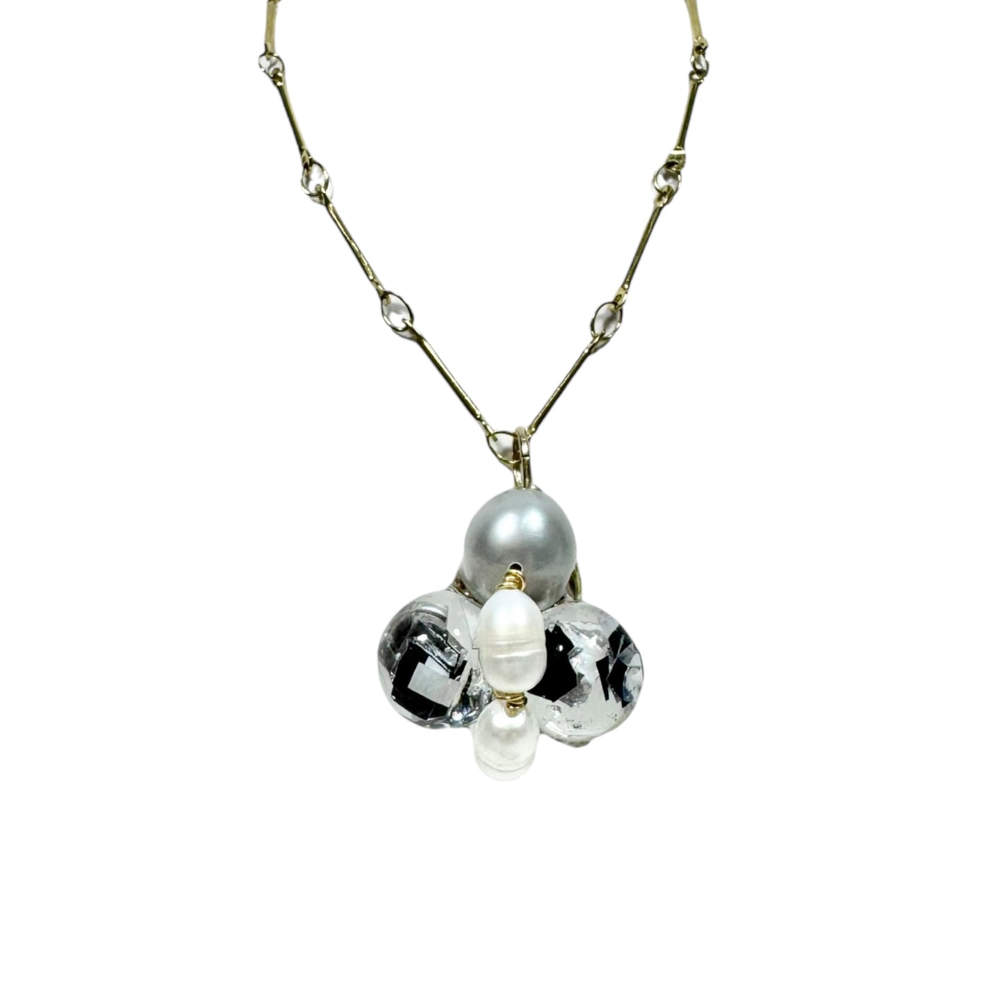 Bee Divine midnight black bee necklace with fresh water pearls handcrafted from upcycled plastic, featuring delicate bee-inspired designs with lightweight, eco-friendly materials. A sustainable statement piece for nature lovers.