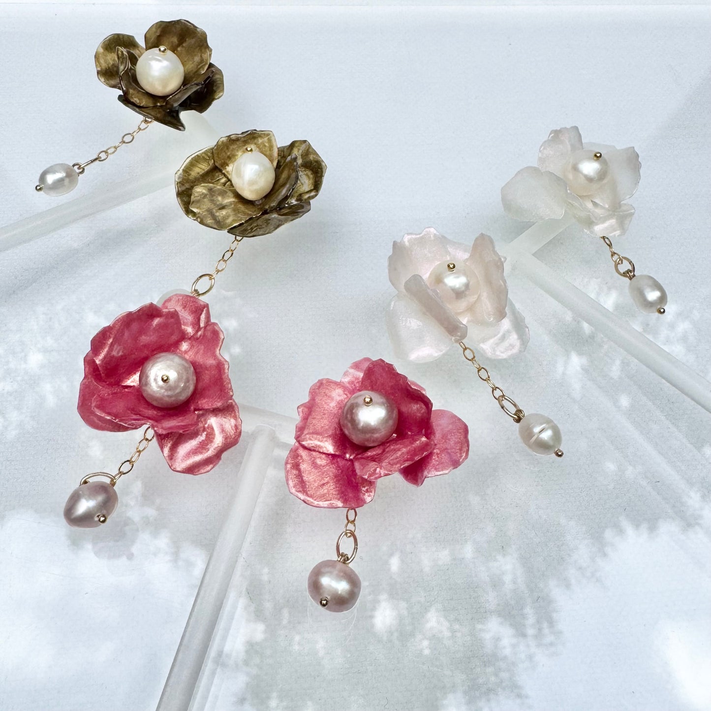 Anemone Collection earrings handcrafted from upcycled plastic, inspired by Japanese petal antique pink rose anemones. Lightweight, nature-inspired statement jewelry for eco-conscious fashion lovers.