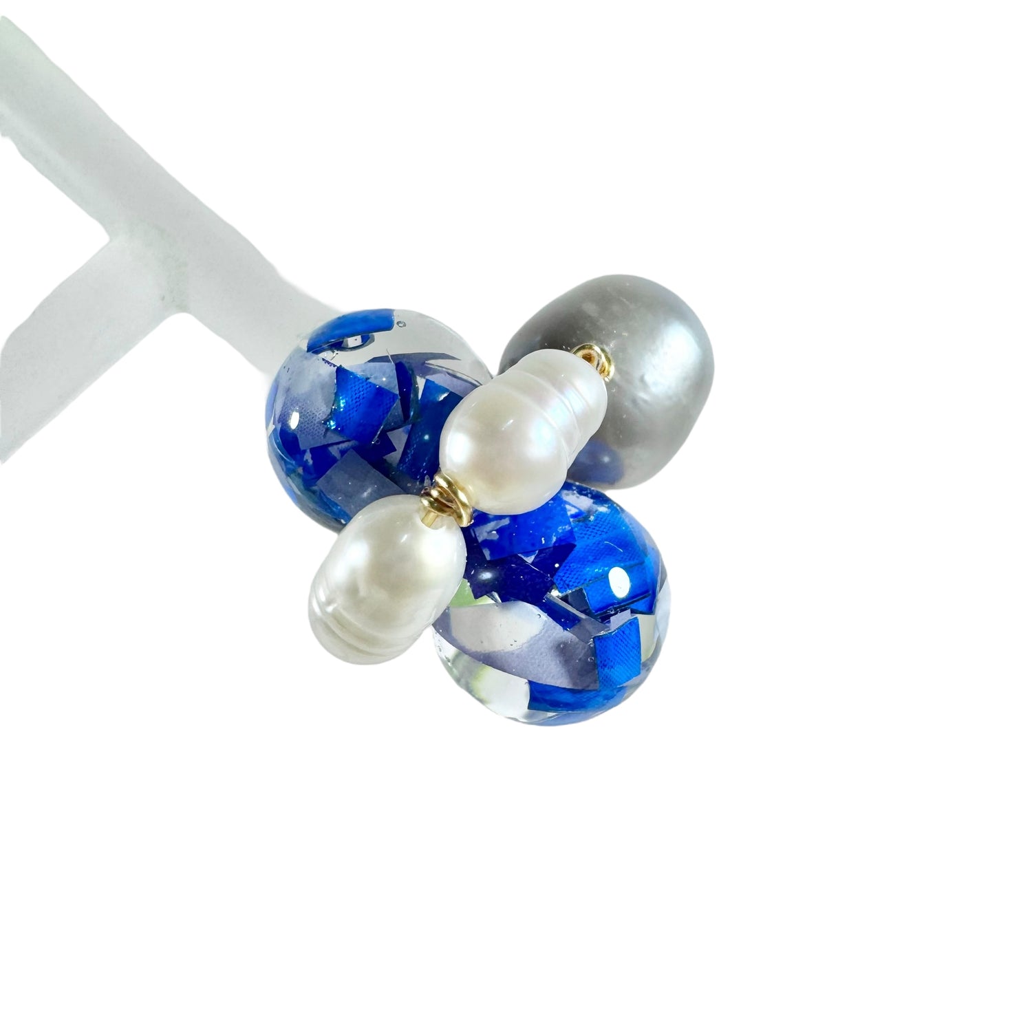 Bee Divine blue bee earrings with fresh water pearls handcrafted from upcycled plastic, featuring delicate bee-inspired designs with lightweight, eco-friendly materials. A sustainable statement piece for nature lovers.