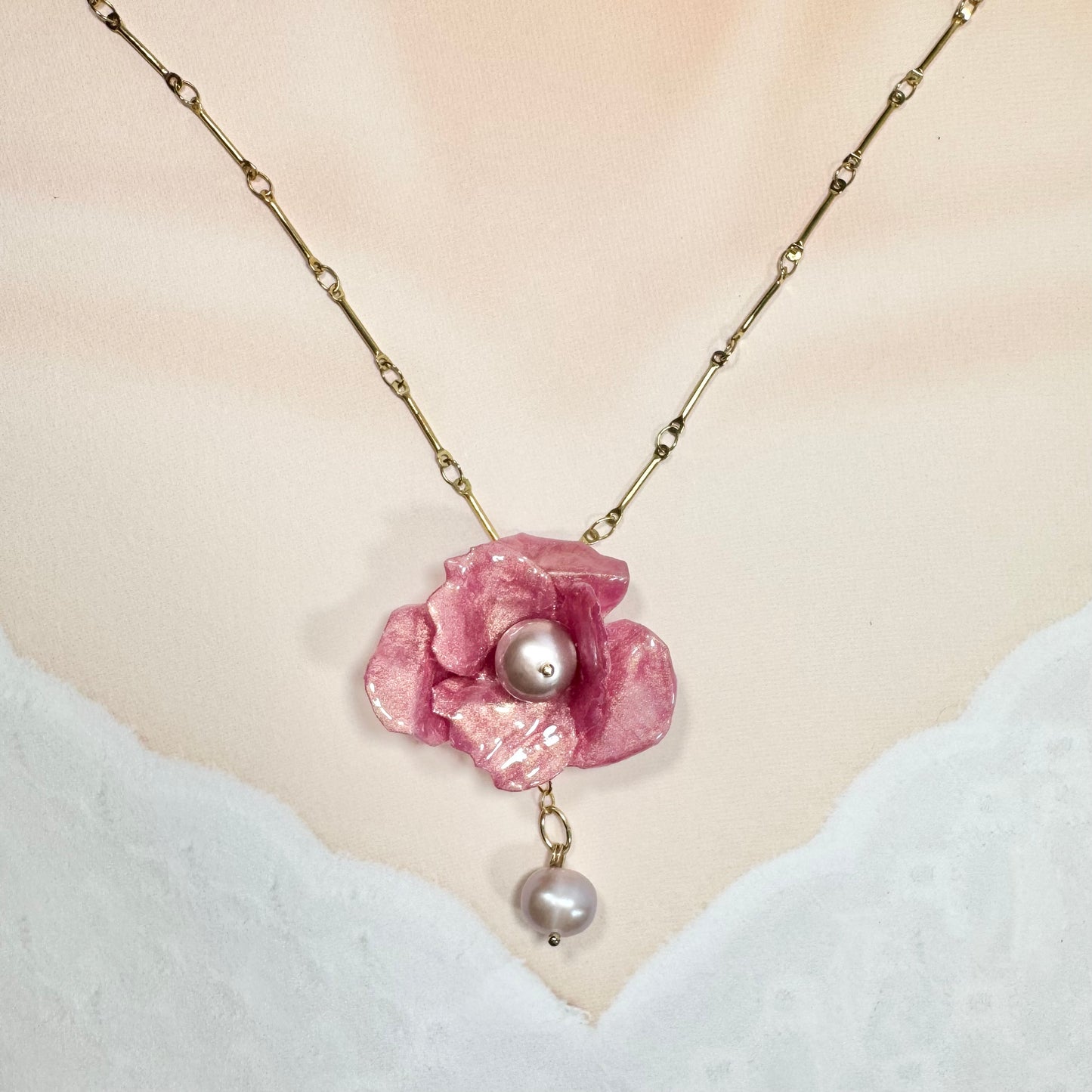 Handcrafted Anemone necklace made from upcycled plastic, inspired by Japanese anemones in Antique petal pink rose. Lightweight, eco-friendly statement jewelry for sustainable fashion lovers.