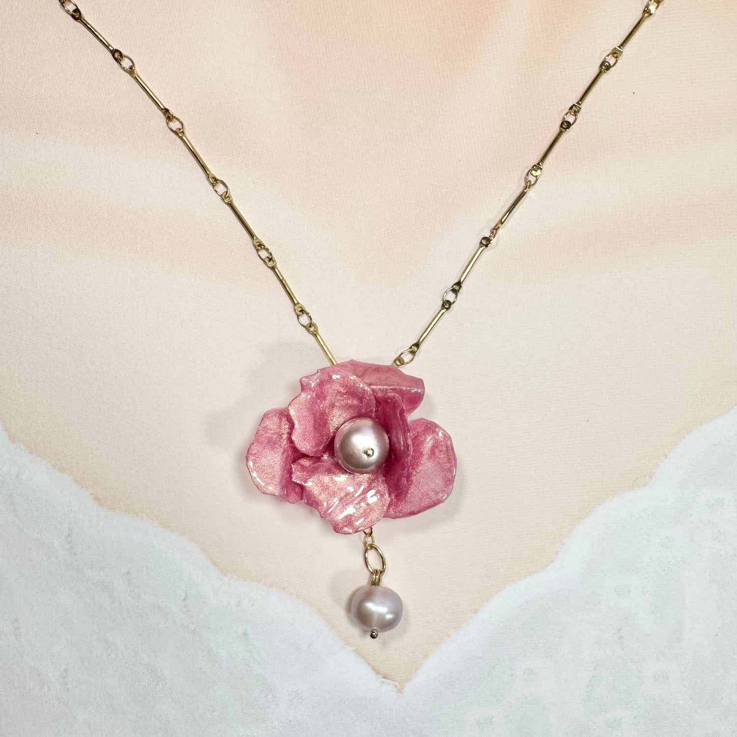 Handcrafted Anemone necklace made from upcycled plastic, inspired by Japanese anemones in Antique petal pink rose. Lightweight, eco-friendly statement jewelry for sustainable fashion lovers.