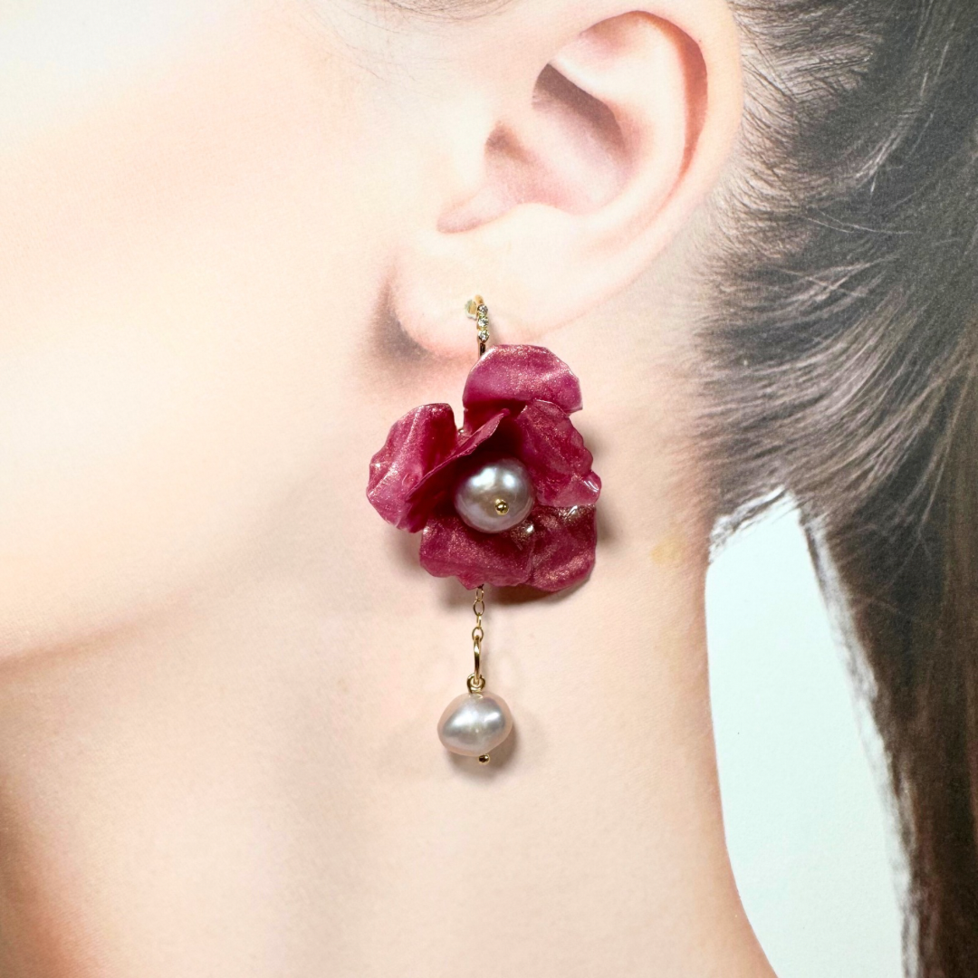 Anemone Collection earrings handcrafted from upcycled plastic, inspired by Japanese petal antique pink rose anemones. Lightweight, nature-inspired statement jewelry for eco-conscious fashion lovers.