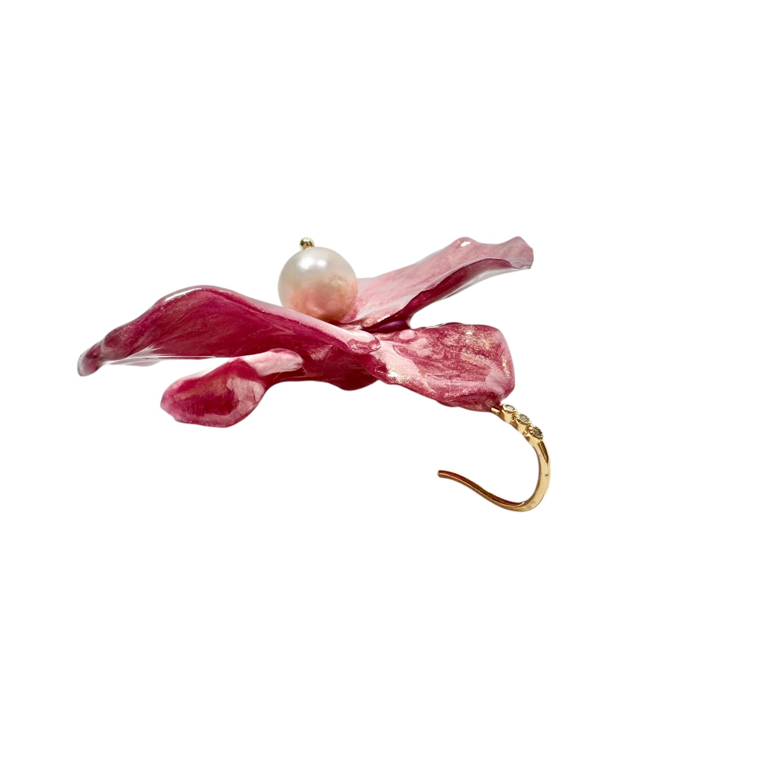 Handmade upcycled orchid earrings crafted from recycled PET bottles, eco-friendly floral jewelry by a Singapore artisan, lightweight and elegant design.