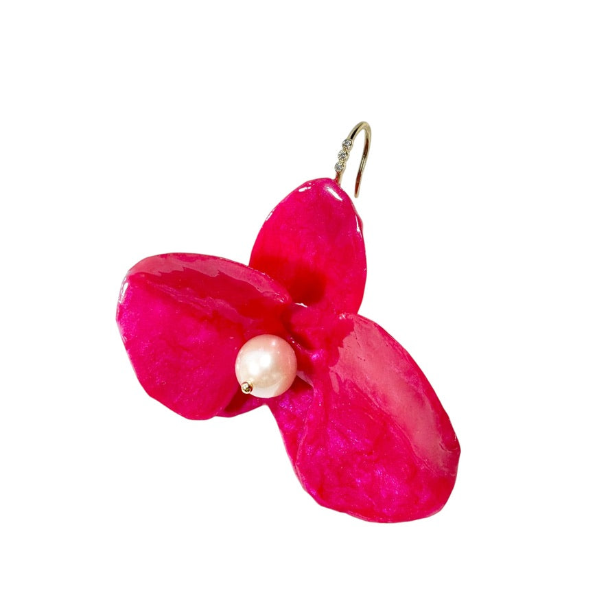 Handcrafted orchid-shaped earrings made from upcycled materials in rich red tones, symbolizing passion and elegance.