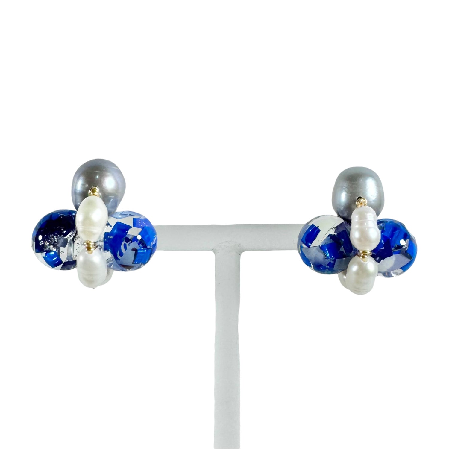 Bee Divine blue bee earrings with fresh water pearls handcrafted from upcycled plastic, featuring delicate bee-inspired designs with lightweight, eco-friendly materials. A sustainable statement piece for nature lovers.