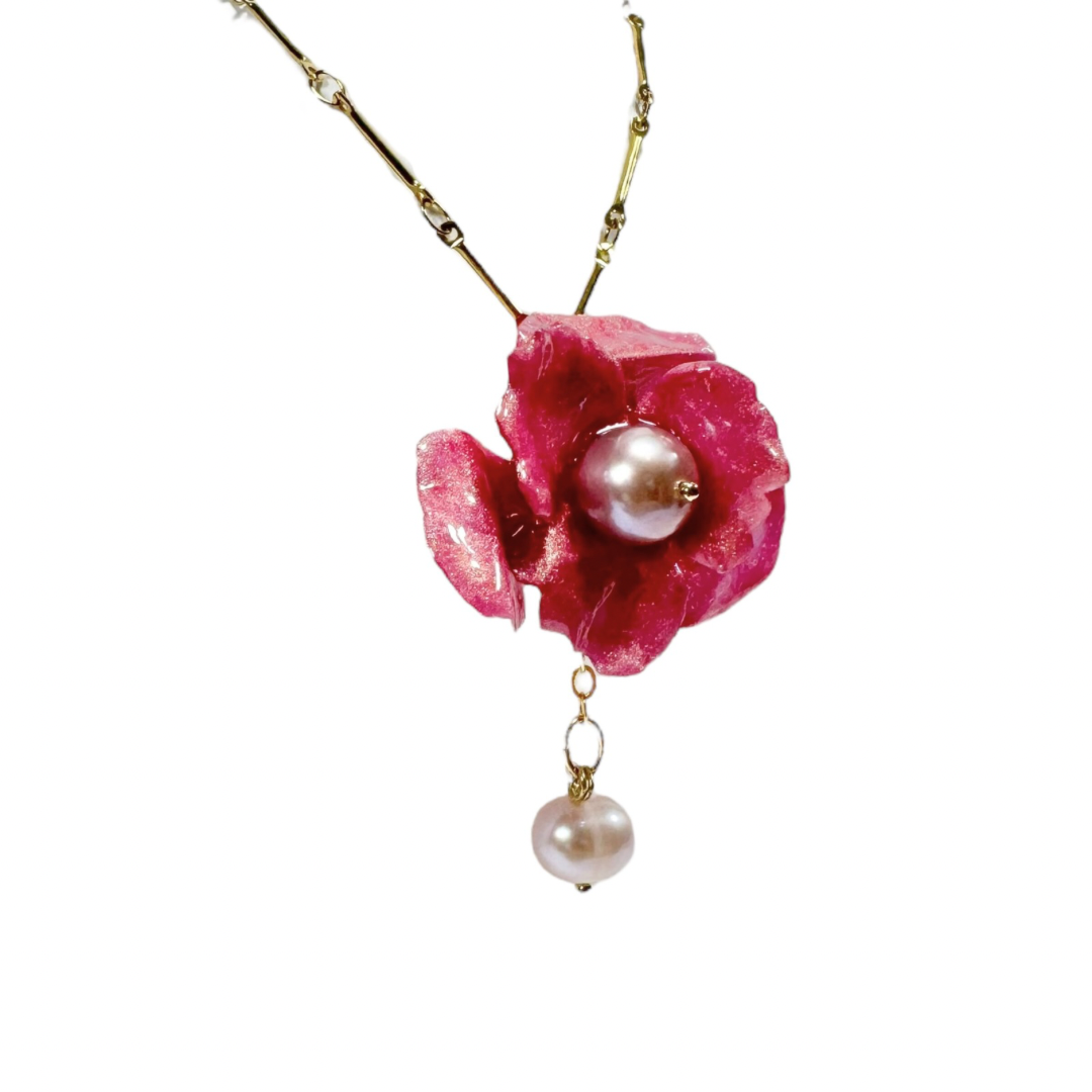 Handcrafted Anemone necklace made from upcycled plastic, inspired by Japanese anemones in Antique petal pink rose. Lightweight, eco-friendly statement jewelry for sustainable fashion lovers.