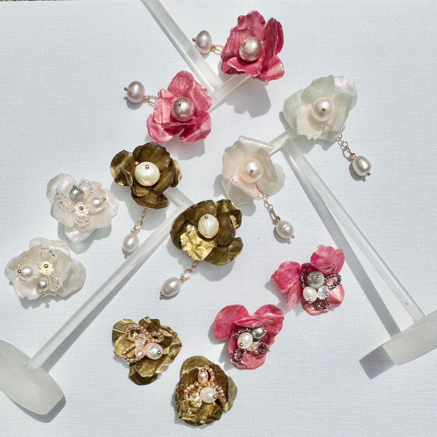 Anemone Collection earrings handcrafted from upcycled plastic, inspired by Japanese vintage gold anemones. Lightweight, nature-inspired statement jewelry for eco-conscious fashion lovers.