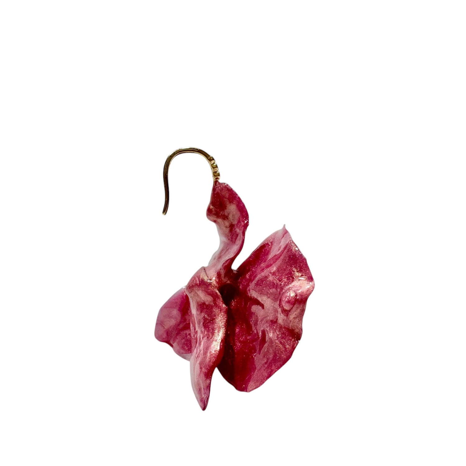 Handmade upcycled orchid earrings crafted from recycled PET bottles, eco-friendly floral jewelry by a Singapore artisan, lightweight and elegant design.
