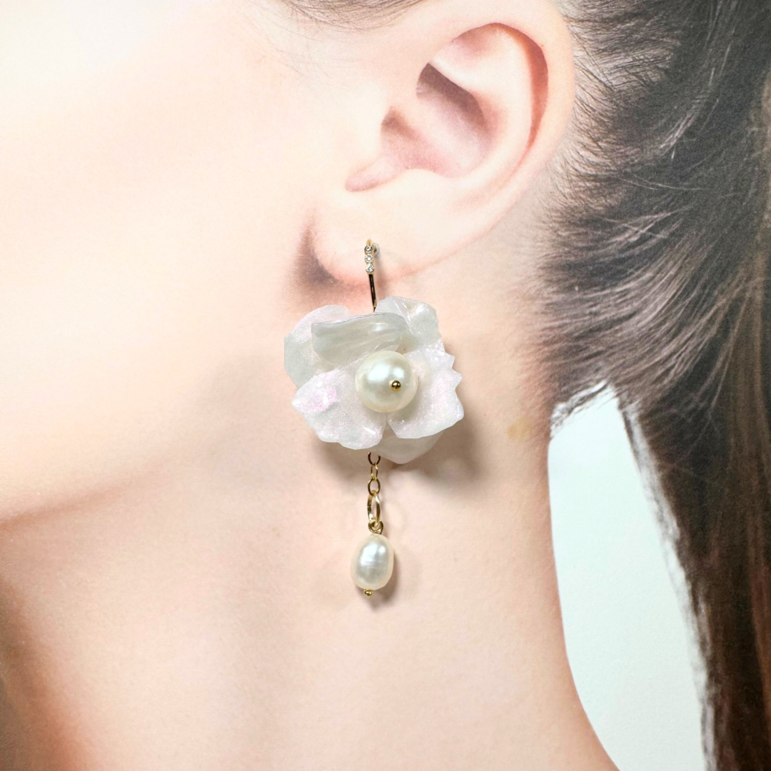 Anemone Collection earrings handcrafted from upcycled plastic, inspired by Japanese white pearl anemones. Lightweight, nature-inspired statement jewelry for eco-conscious fashion lovers.