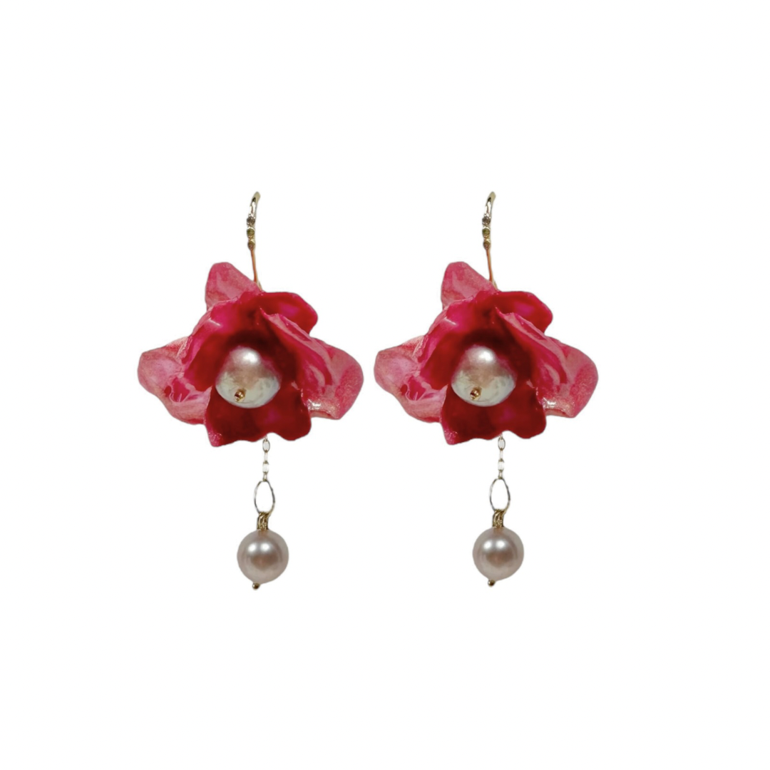 Anemone Collection earrings handcrafted from upcycled plastic, inspired by Japanese petal antique pink rose anemones. Lightweight, nature-inspired statement jewelry for eco-conscious fashion lovers.