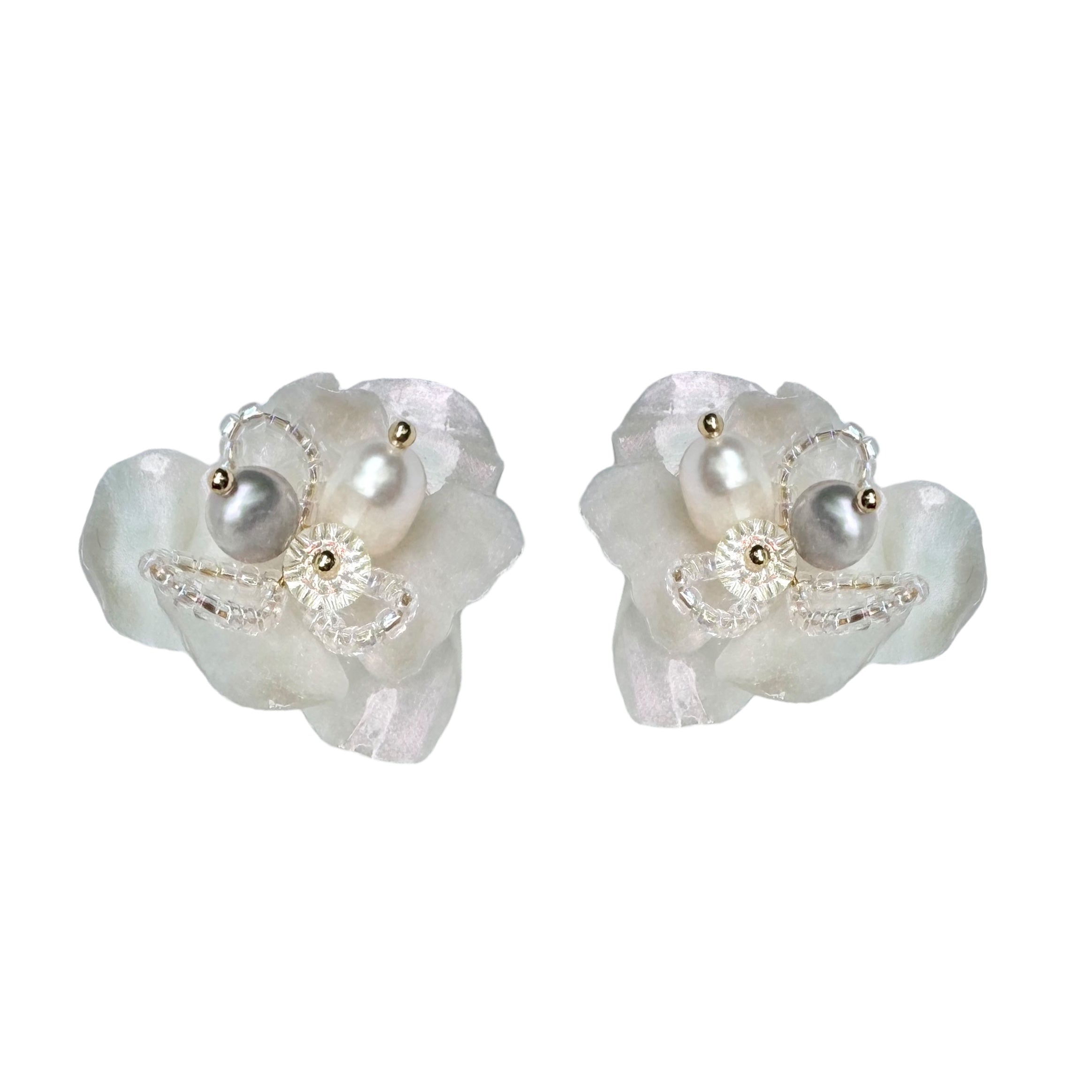 Enchanted Rose Earrings in Snow White - handmade upcycled flower earrings with freshwater pearls