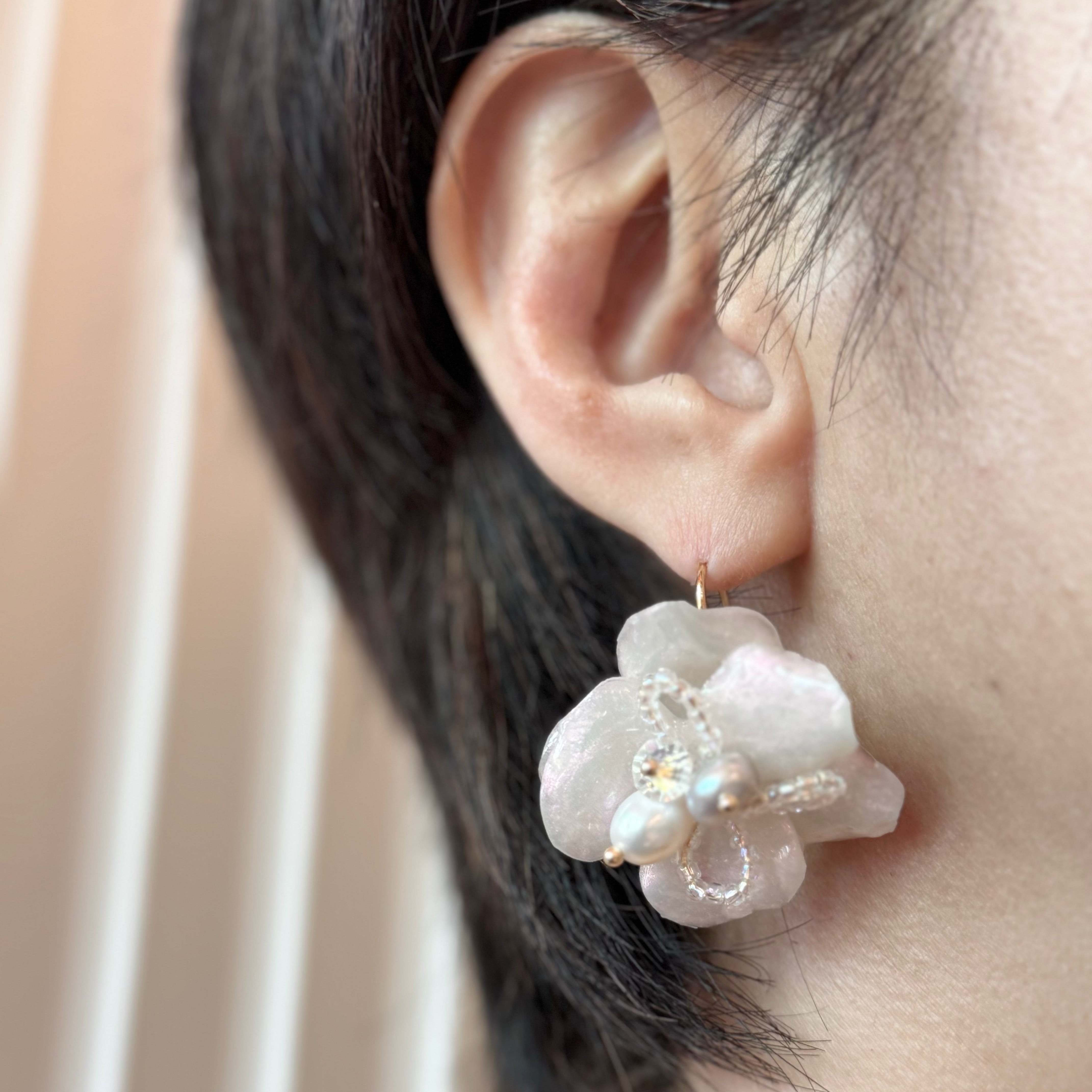 Enchanted Rose Earrings in Snow White - handmade upcycled flower earrings with freshwater pearls