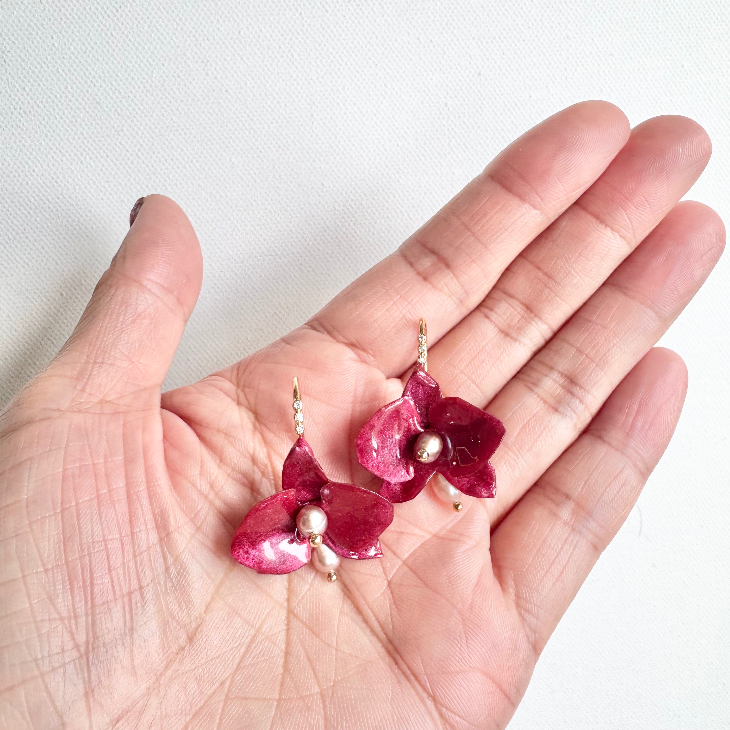 Dainty Orchid Earrings - Burgundy -
