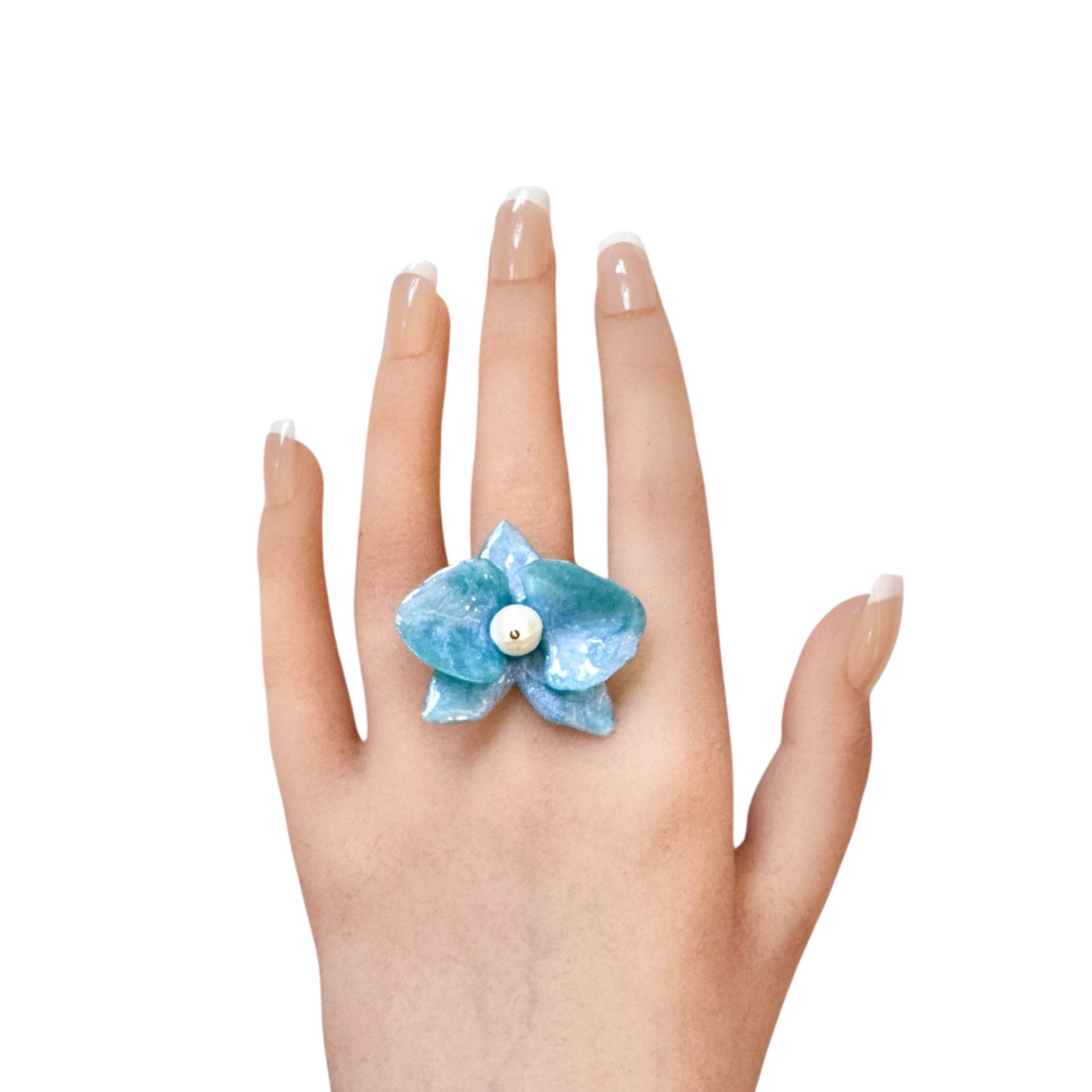 Eternal Orchid Ring in Milky Opal - handmade upcycled flower ring with freshwater pearl by Melmomilk Design Singapore