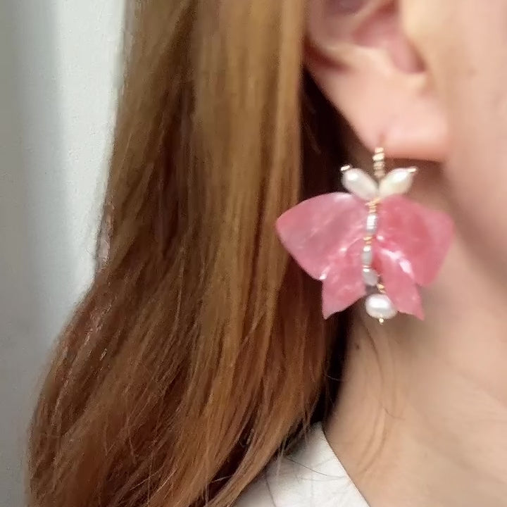 Soft pink butterfly earrings made from upcycled materials, featuring a romantic Pink Chiffon finish and delicate handmade detailing.