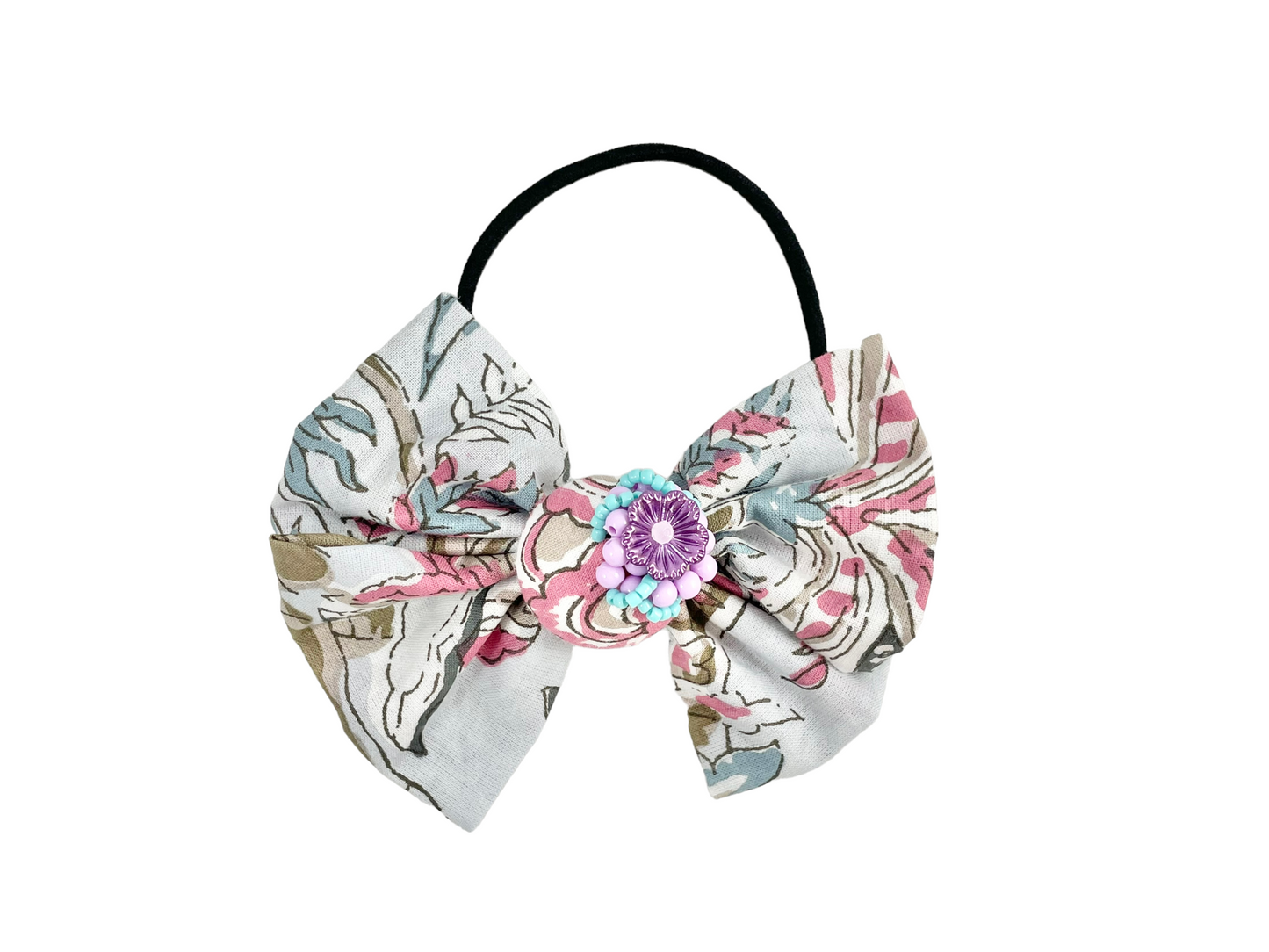 Beaded bow hair tie - Indian cotton -