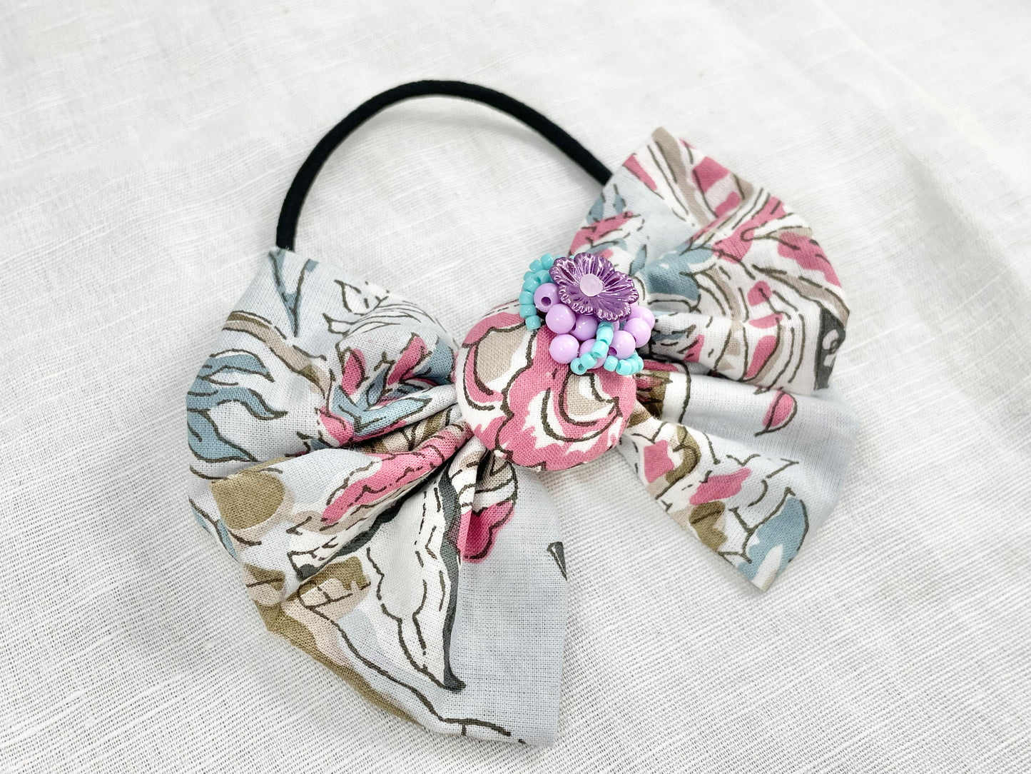 Beaded bow hair tie - Indian cotton -