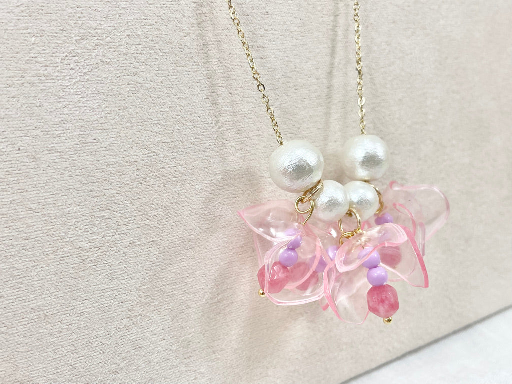 Upcycled necklace - pink bell flowers - 14KGF