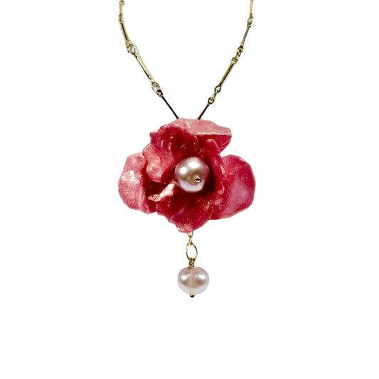 Handcrafted Anemone necklace made from upcycled plastic, inspired by Japanese anemones in Antique petal pink rose. Lightweight, eco-friendly statement jewelry for sustainable fashion lovers.