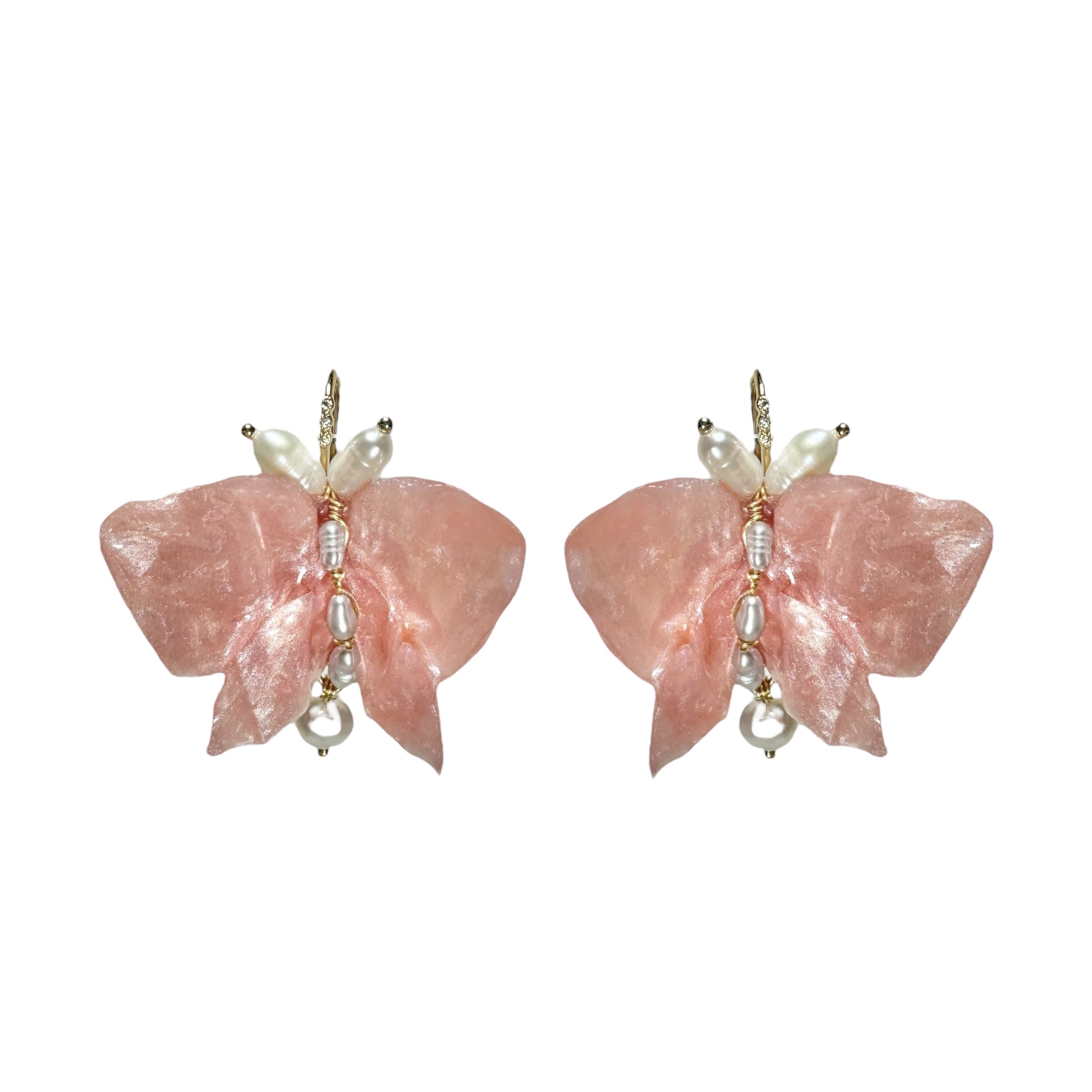 Pink Chiffon butterfly hook earrings, handmade upcycled jewelry with freshwater pearls, Melmomilk Design Singapore