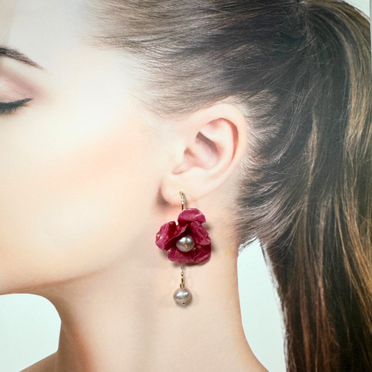 Anemone Collection earrings handcrafted from upcycled plastic, inspired by Japanese petal antique pink rose anemones. Lightweight, nature-inspired statement jewelry for eco-conscious fashion lovers.