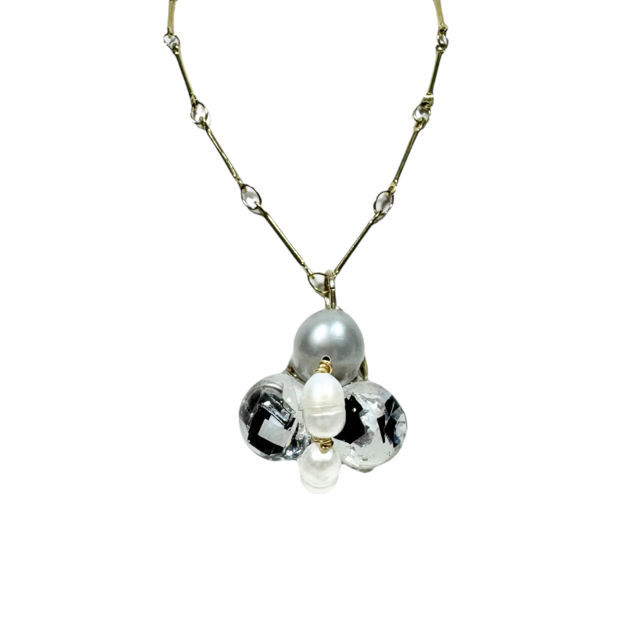 Bee Divine midnight black bee necklace with fresh water pearls handcrafted from upcycled plastic, featuring delicate bee-inspired designs with lightweight, eco-friendly materials. A sustainable statement piece for nature lovers.