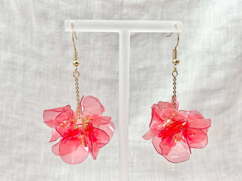 Upcycled earrings - red bell flowers long - 14KGF