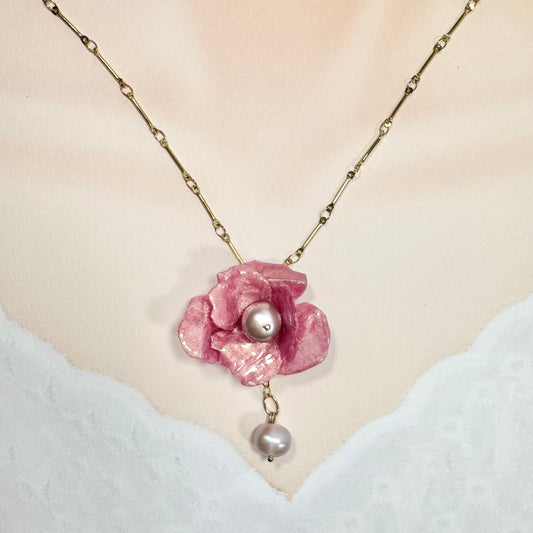Handcrafted Anemone necklace made from upcycled plastic, inspired by Japanese anemones in Antique petal pink rose. Lightweight, eco-friendly statement jewelry for sustainable fashion lovers.