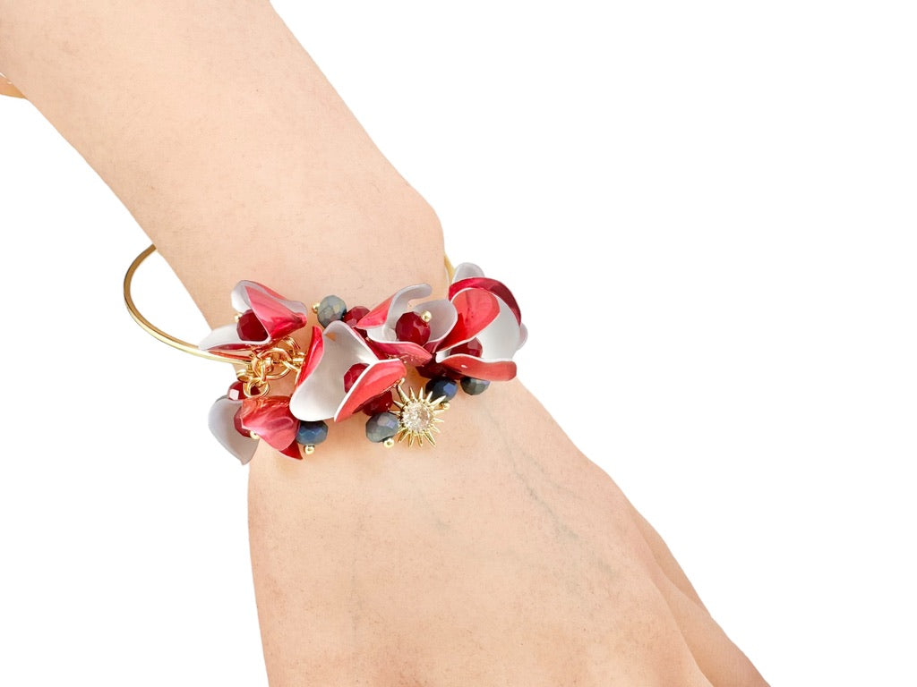 Upcycled bracelet bangle- flower charms -