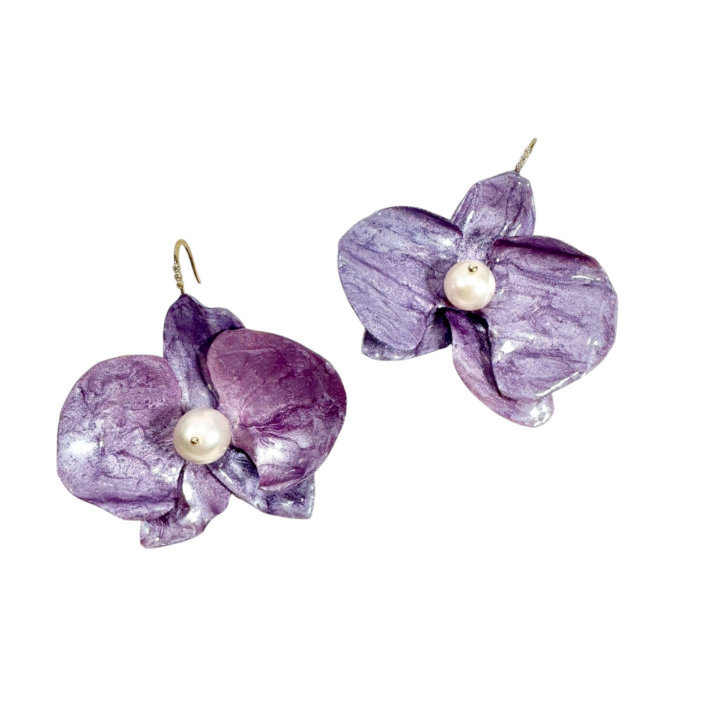 Handmade upcycled orchid earrings crafted from recycled PET bottles, eco-friendly floral jewelry by a Singapore artisan, lightweight and elegant design.