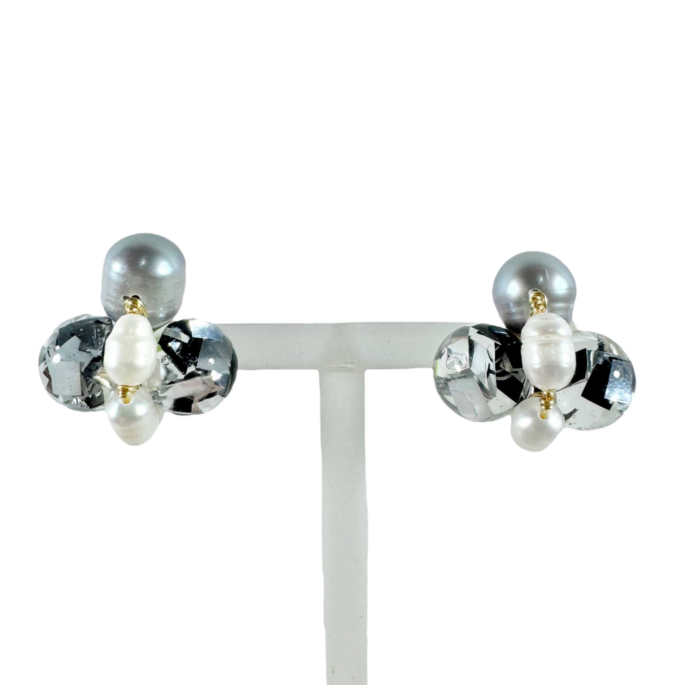 Bee Divine midnight black bee earrings with fresh water pearls handcrafted from upcycled plastic, featuring delicate bee-inspired designs with lightweight, eco-friendly materials. A sustainable statement piece for nature lovers.