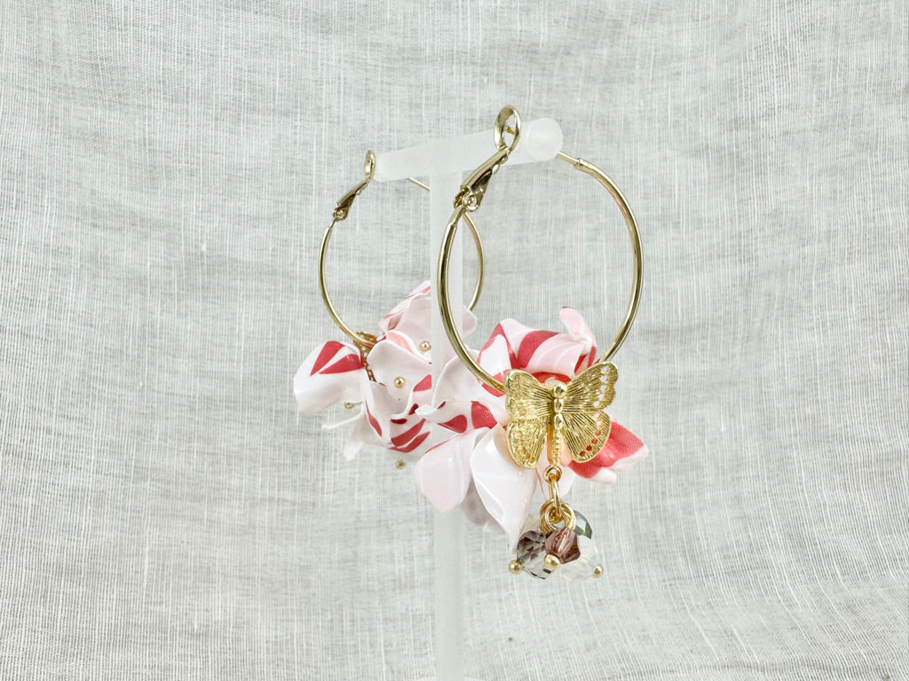 Upcycled earrings - big hoop hibiscus butterfly - 14KGF