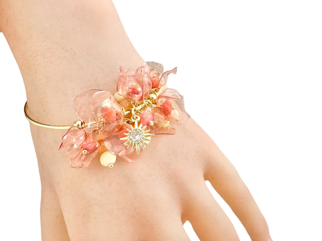 Upcycled bracelet bangle- flower charms -