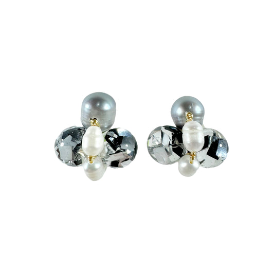 Bee Divine midnight black bee earrings with fresh water pearls handcrafted from upcycled plastic, featuring delicate bee-inspired designs with lightweight, eco-friendly materials. A sustainable statement piece for nature lovers.