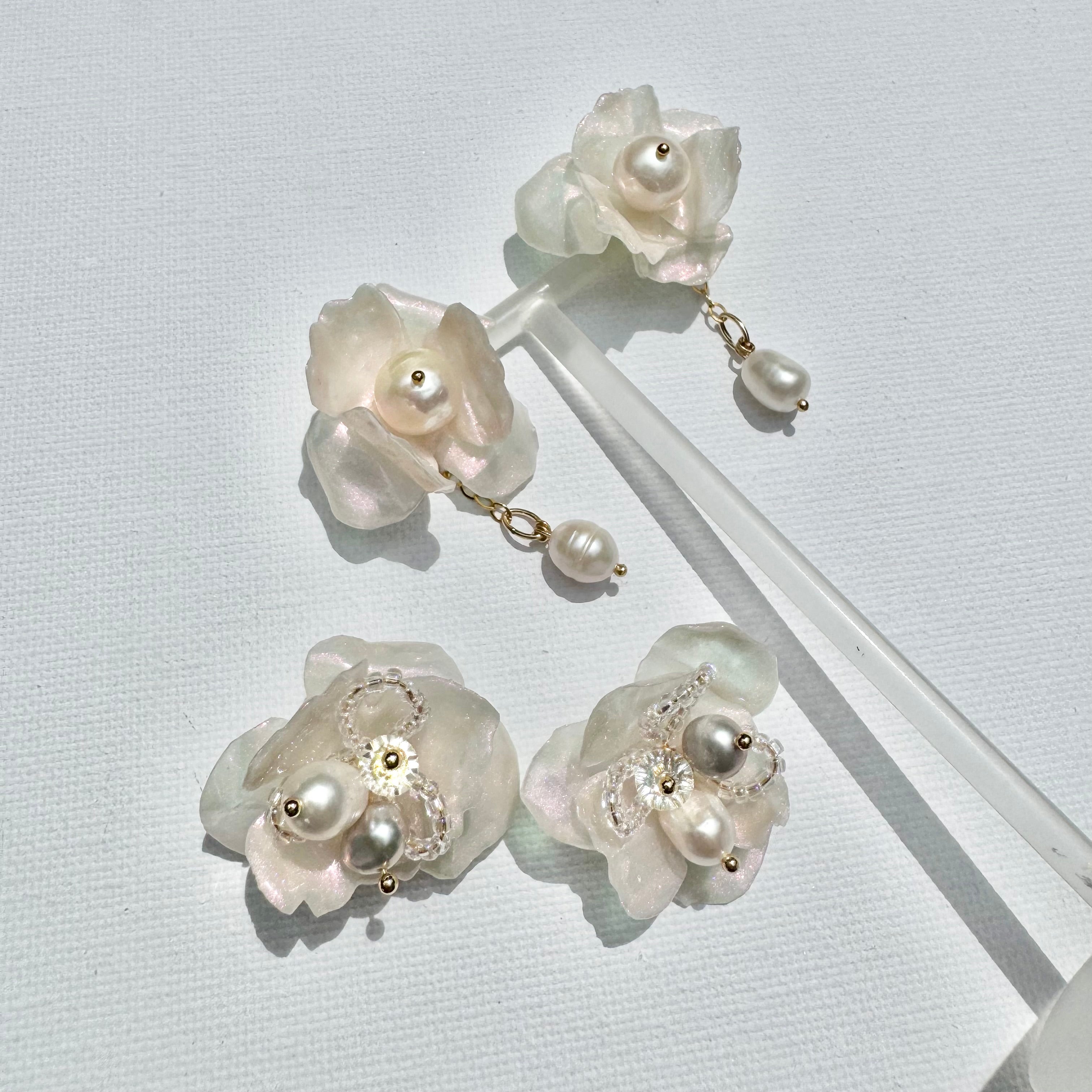 Enchanted Rose earrings close-up - upcycled plastic flower jewelry