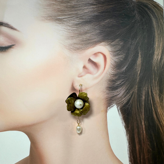 Anemone Collection earrings handcrafted from upcycled plastic, inspired by Japanese vintage gold anemones. Lightweight, nature-inspired statement jewelry for eco-conscious fashion lovers.