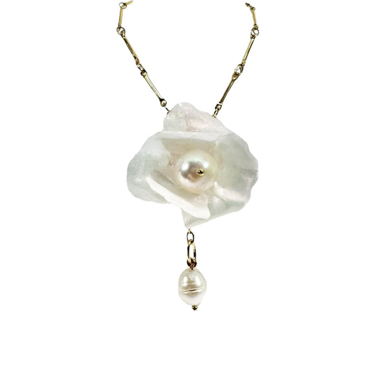 Handcrafted Anemone necklace made from upcycled plastic, inspired by Japanese anemones in white ivory pearl. Lightweight, eco-friendly statement jewelry for sustainable fashion lovers.