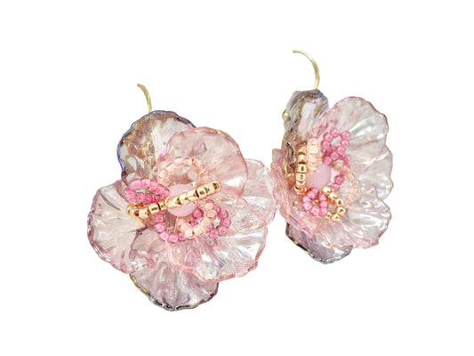 Hand beaded earrings - flower pink -