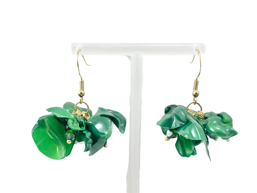 Upcycled earrings - forest green bell flowers - 14KGF