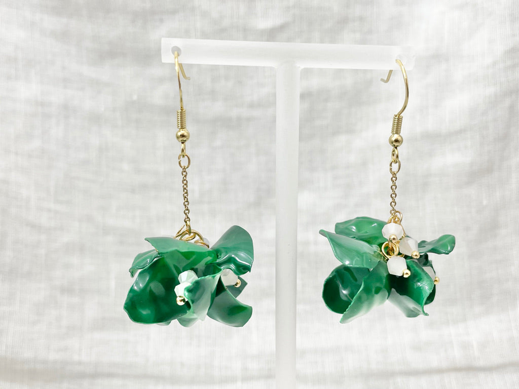 Upcycled earrings - green bell flowers- 14KGF