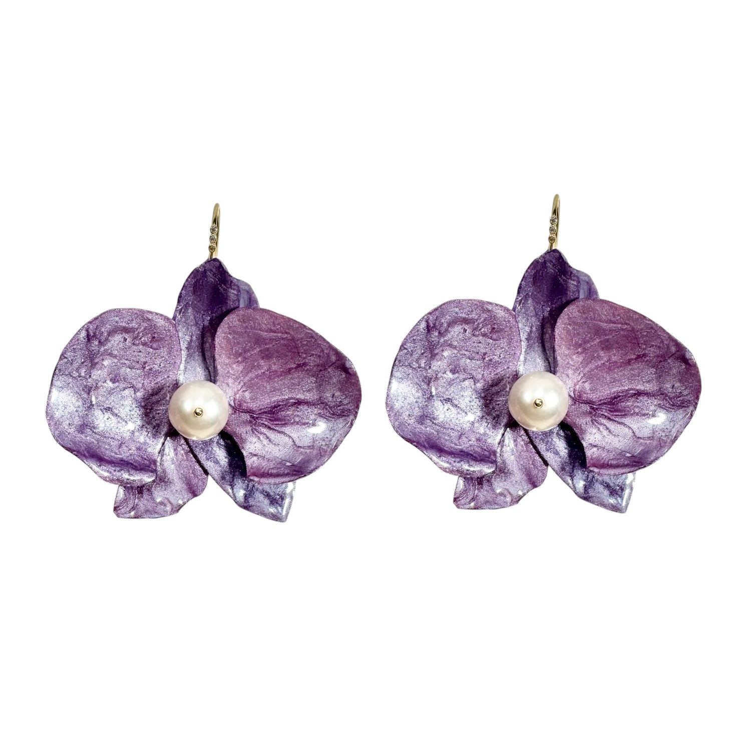 Handmade upcycled orchid earrings crafted from recycled PET bottles, eco-friendly floral jewelry by a Singapore artisan, lightweight and elegant design.