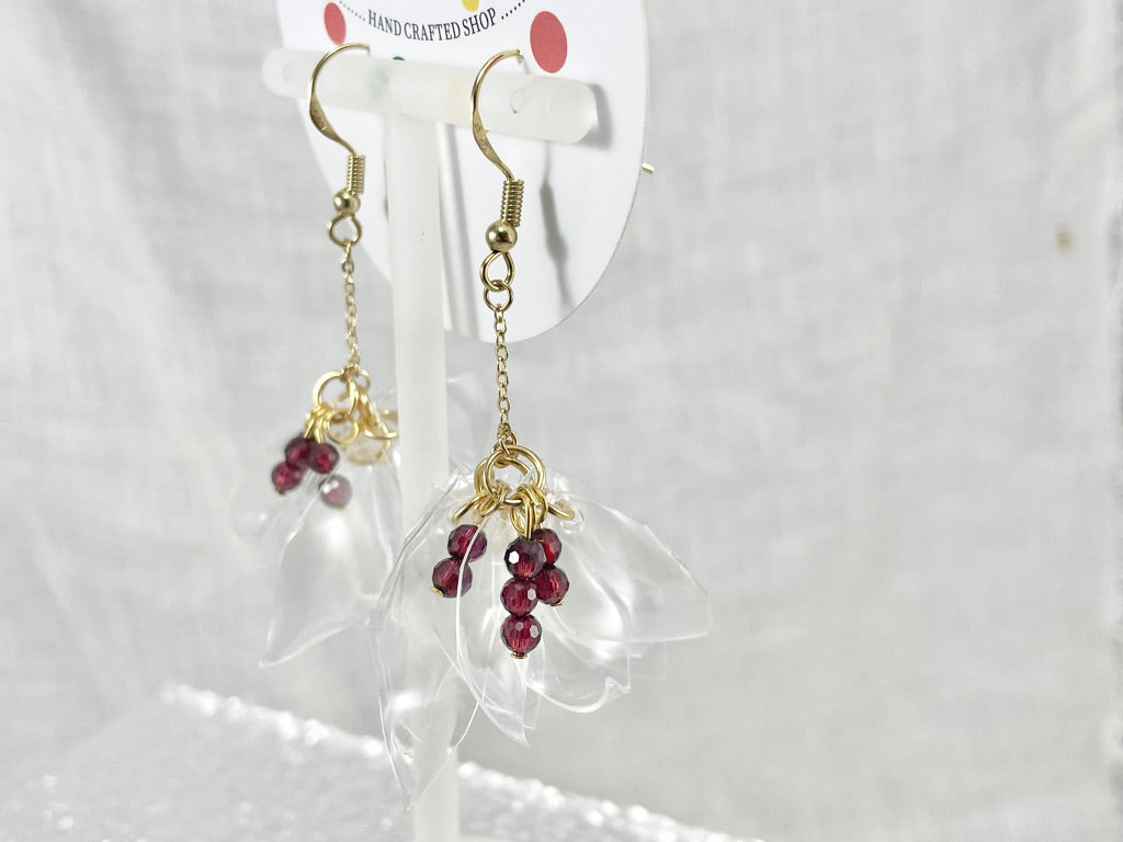 Upcycled earrings - petals chain -wine red-