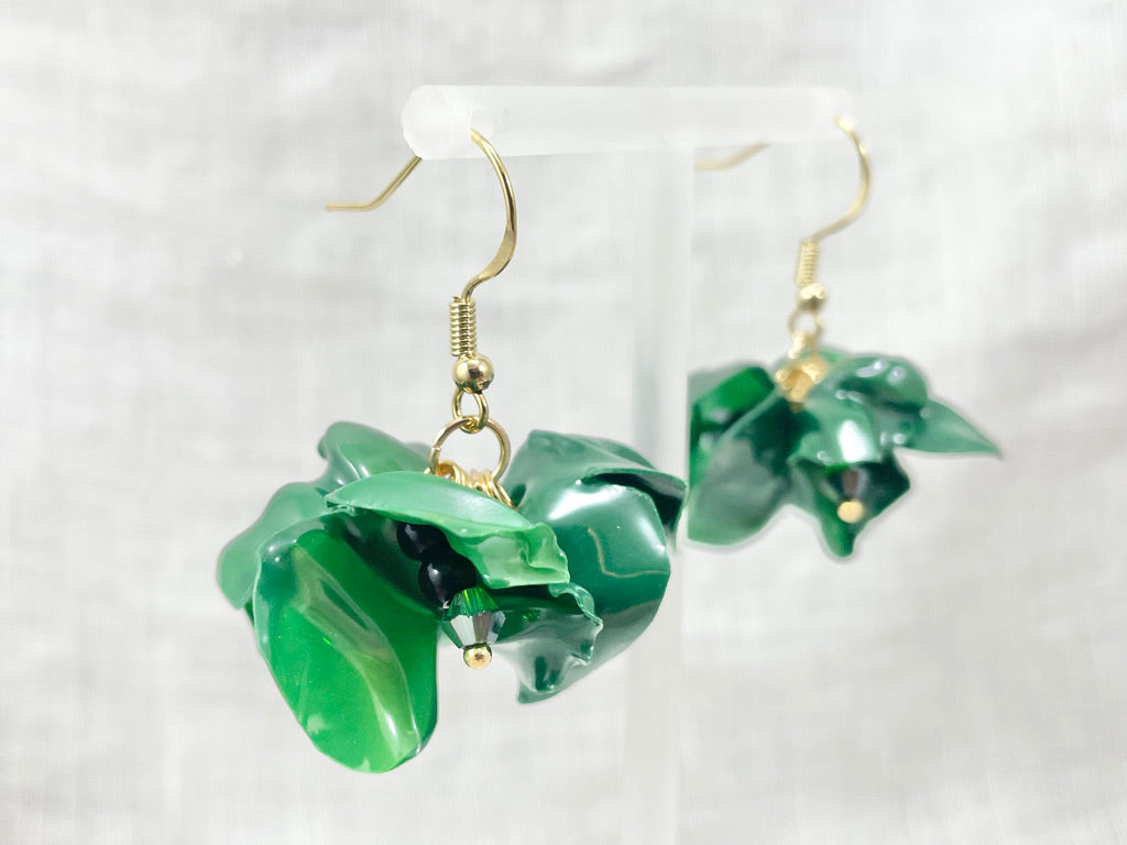 Upcycled earrings - forest green bell flowers - 14KGF