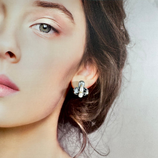 Bee Divine midnight black bee earrings with fresh water pearls handcrafted from upcycled plastic, featuring delicate bee-inspired designs with lightweight, eco-friendly materials. A sustainable statement piece for nature lovers.